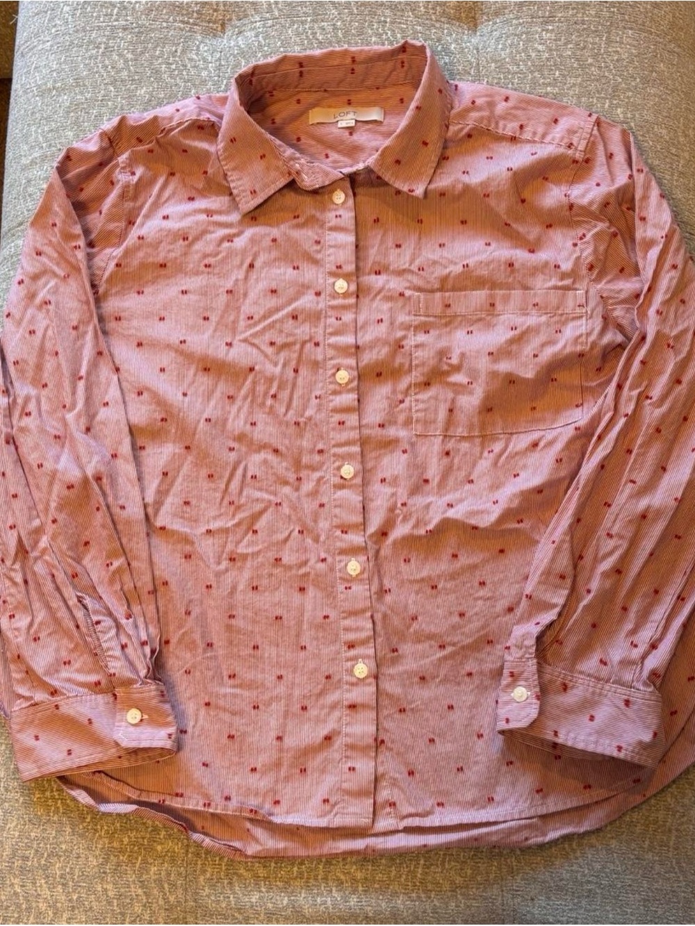 LOFT Red & White Striped Embroidered Clip Dot Button-Up Shirt Size L
